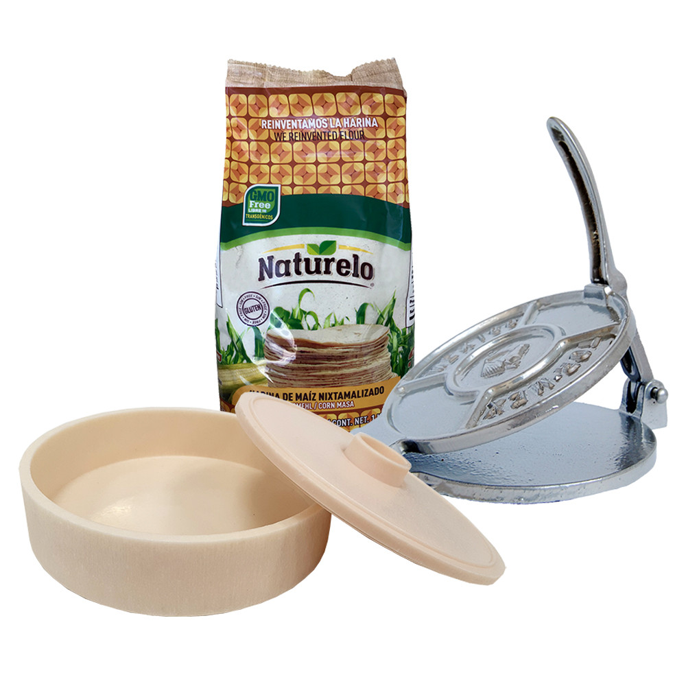 Produktbild von Tortilla Making Kit: Tortilla press, 1kg Naturelo & Tortilla Warmer